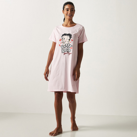Betty Boop Print Round Neck Sleepshirt with Short Sleeves