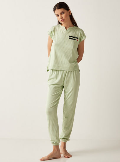 Ribbed Cap Sleeves T-shirt and Full Length Pyjama Set