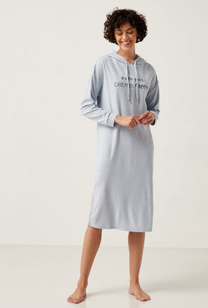 Embroidered Hooded Night Dress with Long Sleeves and Side Slits