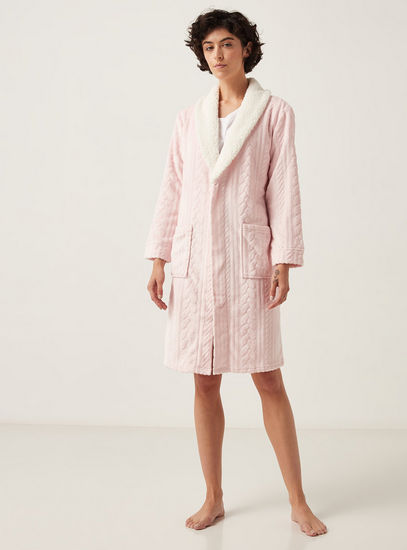 Textured Cable Knit Robe with Long Sleeves and Pockets