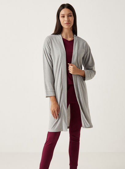 Solid Fleece Open Front Robe with Long Sleeves