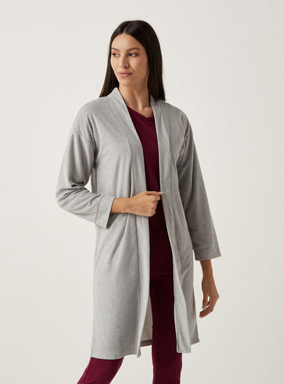 Solid Fleece Open Front Robe with Long Sleeves