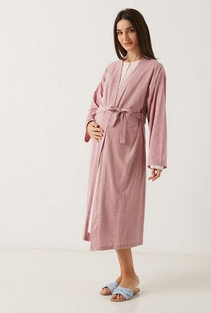 Solid Maternity Robe with Tie-Up Belt and Long Sleeves