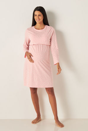 All Over Polka Dots Print Maternity Sleepshirt with Long Sleeves-mxwomen-clothing-maternityclothing-nightwear-1