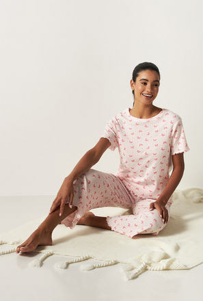 All Over Butterfly Print Round Neck T-shirt and Pyjama Set