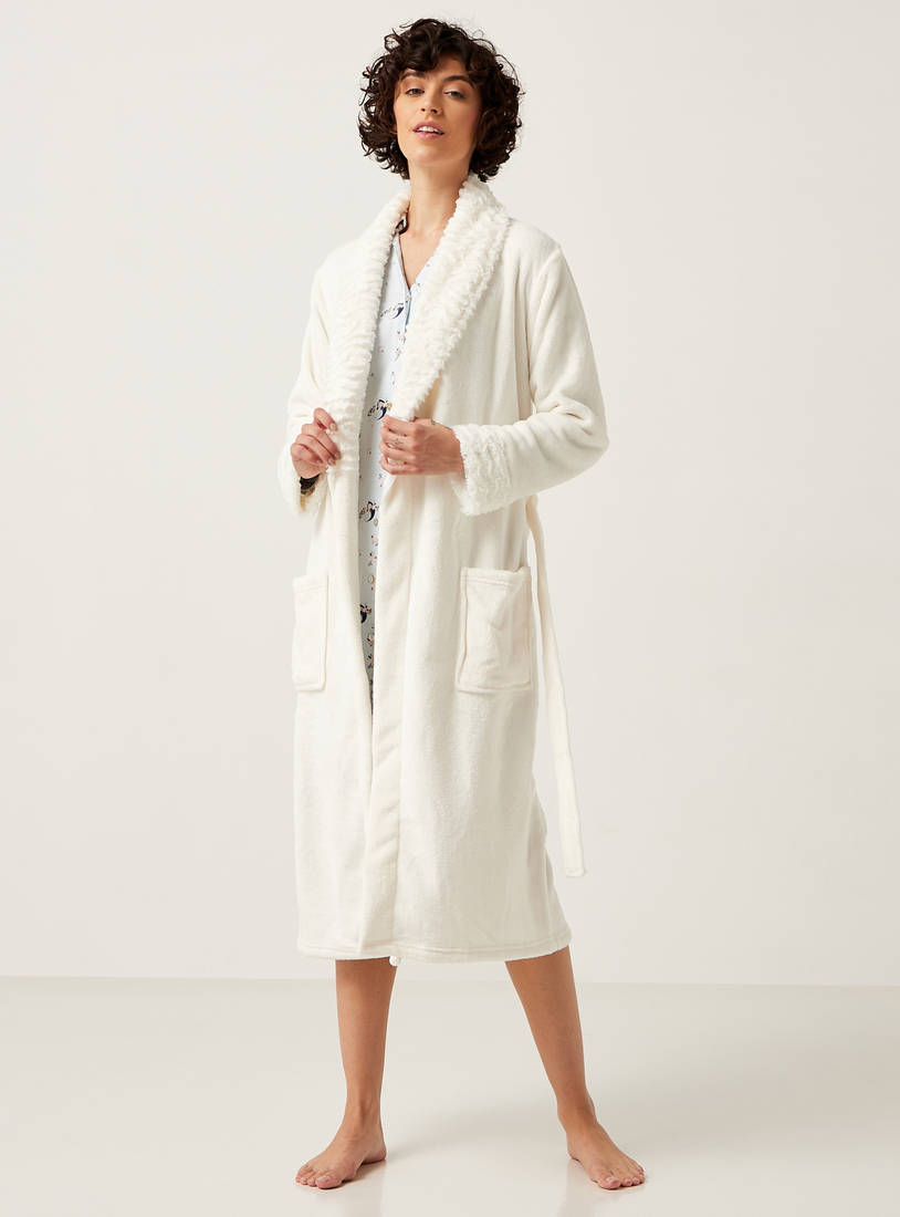 Plush Textured Flannel Fleece Robe with Belt Tie-Ups-Robes & Onesies-image-0