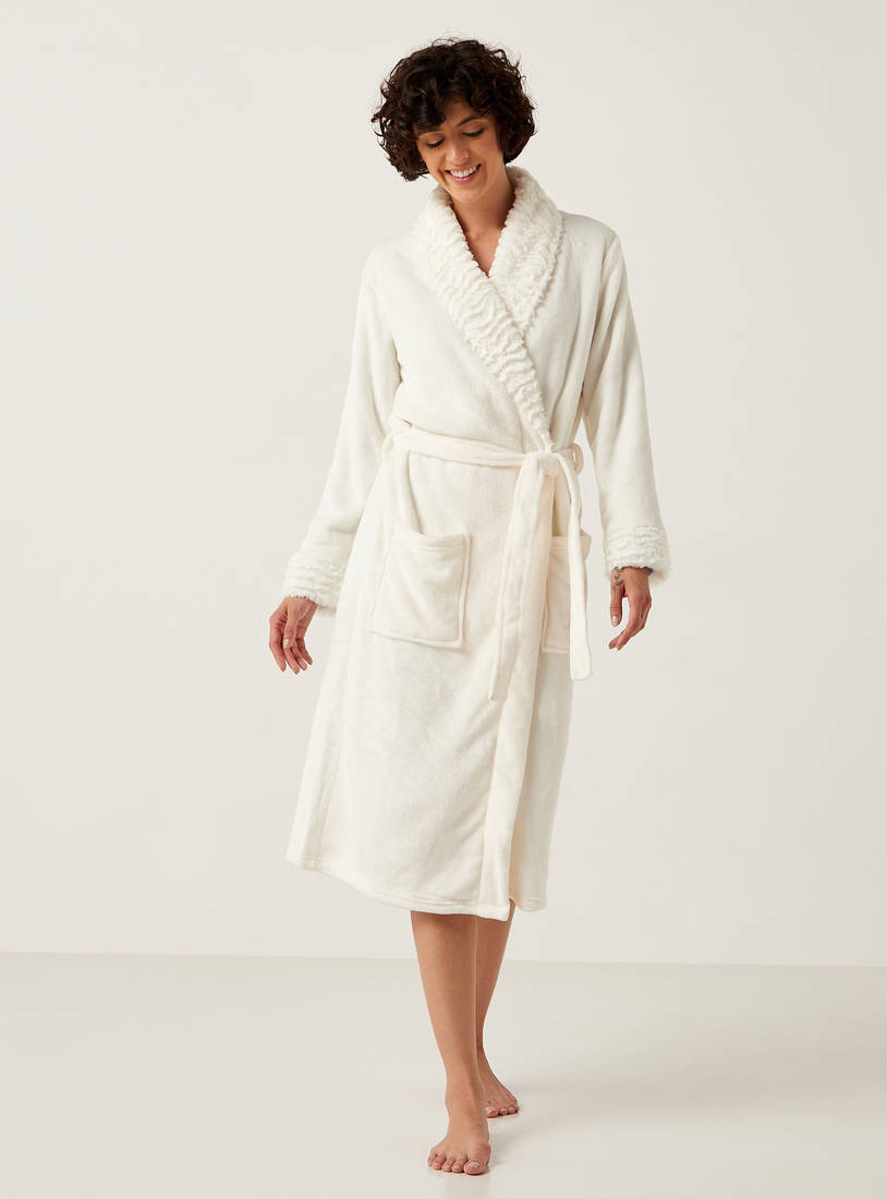 Plush Textured Flannel Fleece Robe with Belt Tie-Ups-Robes & Onesies-image-1