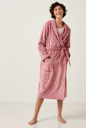 Textured Hooded Robe with Pockets and Tie-Up Detail