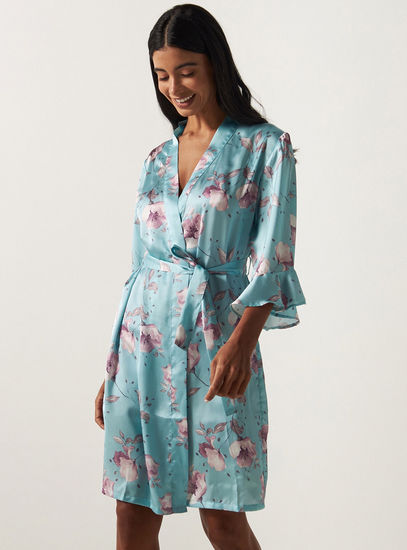 Floral Print Robe with 3/4 Sleeves and Tie-Up Belt-Robes & Onesies-image-1