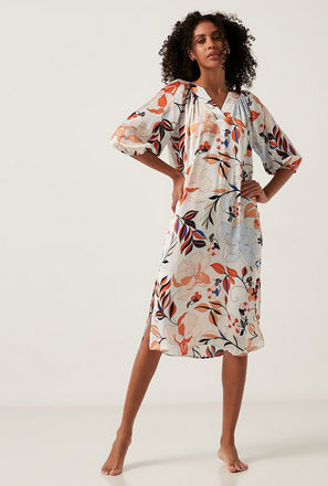 Floral Print V-neck Longline Gown with Short Sleeves