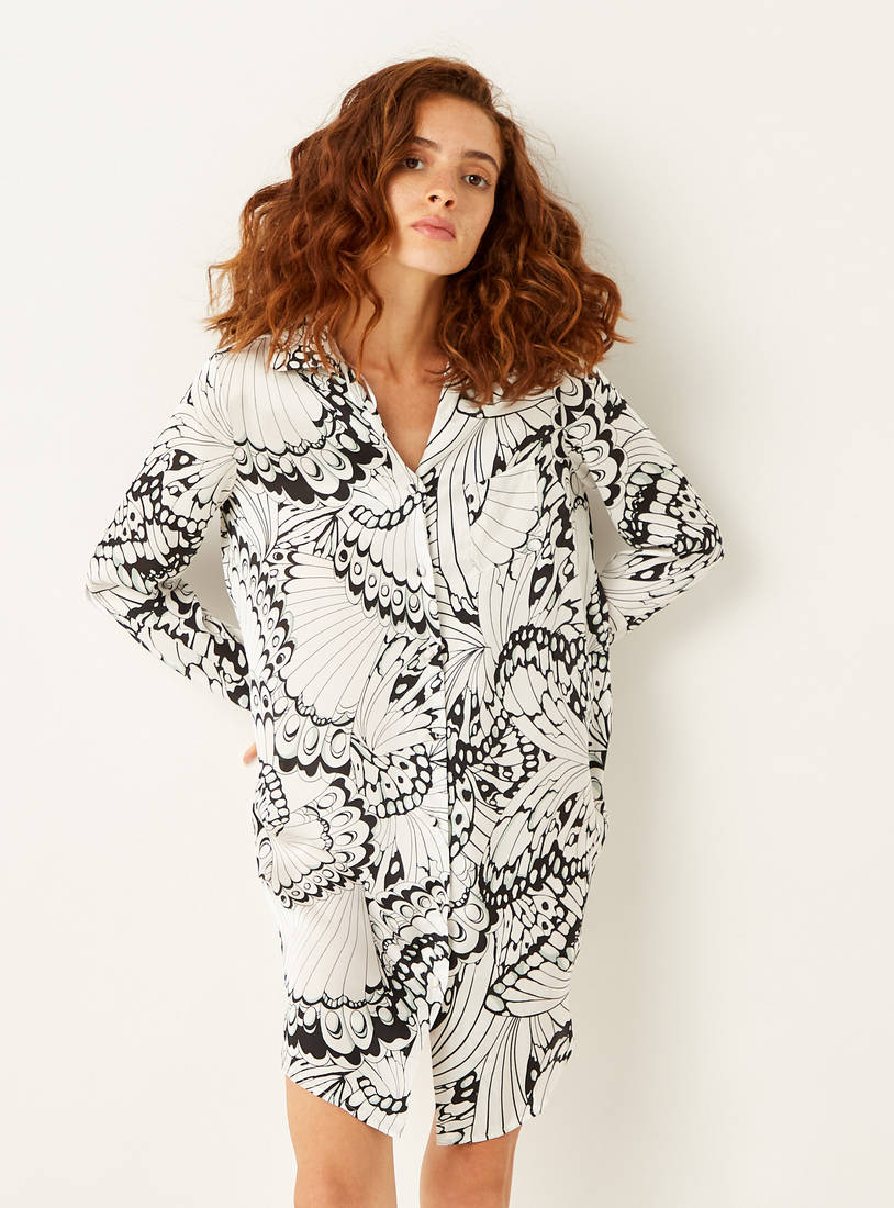 Printed Sleepshirt with Spread Collar and Long Sleeves-Sleepshirts & Gowns-image-0