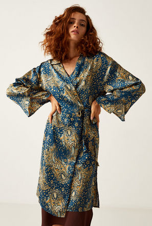 Paisley Print Robe with Long Sleeves and Tie-Up