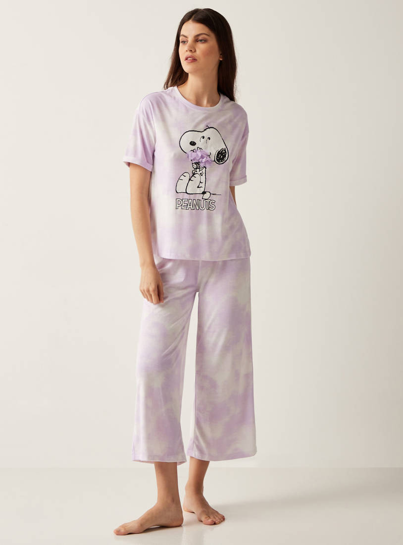 Peanuts Tie-Dye Print T-shirt and Pyjama Set with Floral Accent-Pyjama Sets-image-0