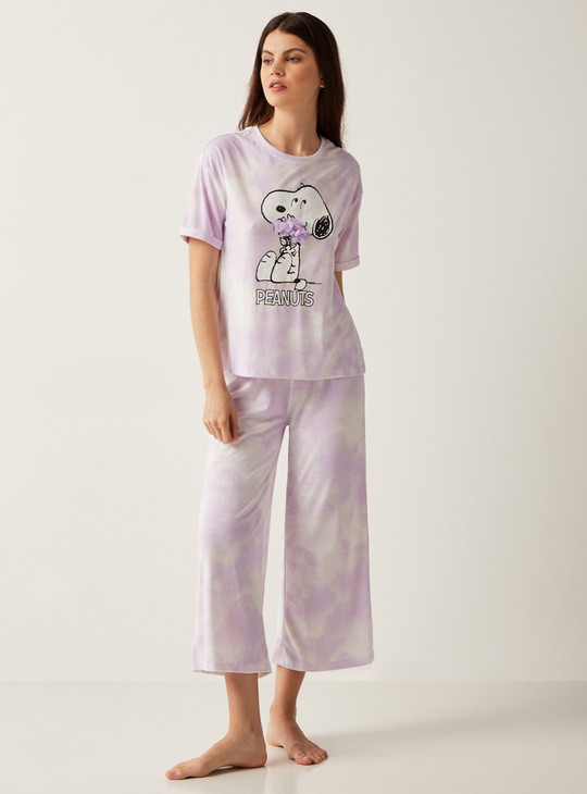 Peanuts Tie-Dye Print T-shirt and Pyjama Set with Floral Accent