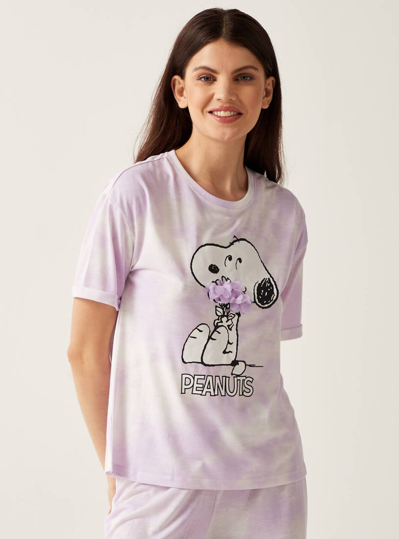 Peanuts Tie-Dye Print T-shirt and Pyjama Set with Floral Accent-Pyjama Sets-image-1
