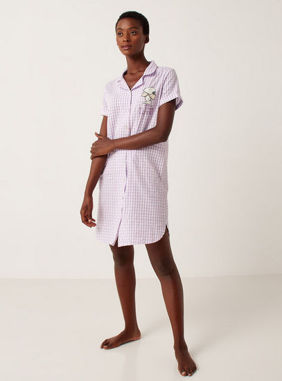 Checked Sleepshirt with Short Sleeves and Collar