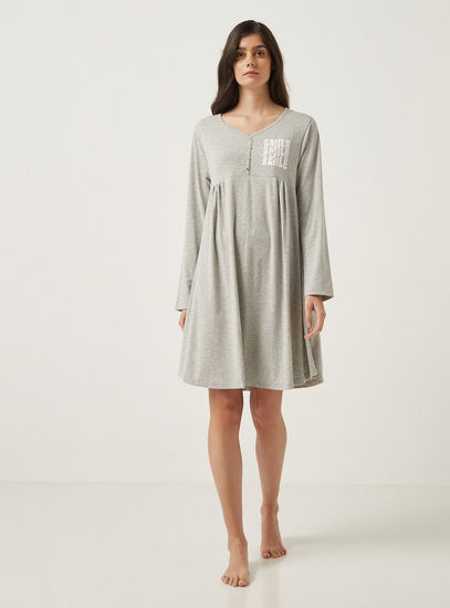 Printed Sleepshirt with Long Sleeves and Button Closure-Sleepshirts & Gowns-image-0