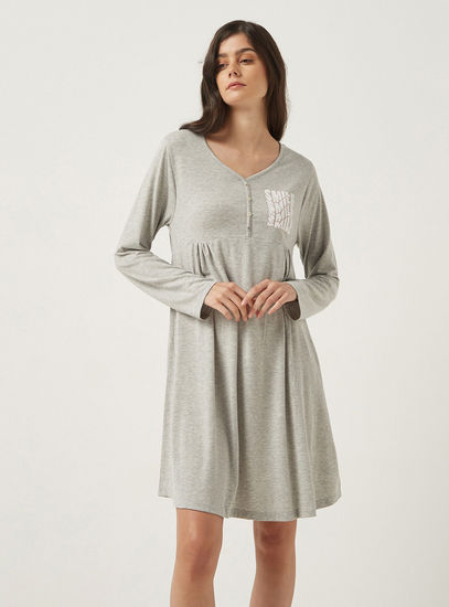 Printed Sleepshirt with Long Sleeves and Button Closure-Sleepshirts & Gowns-image-1