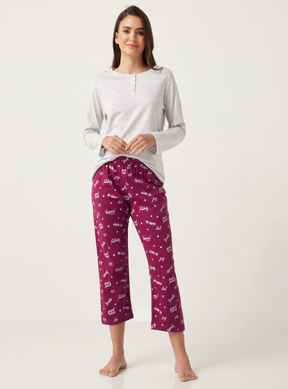 Solid Henley Neck T-shirt and Printed Pyjama Set