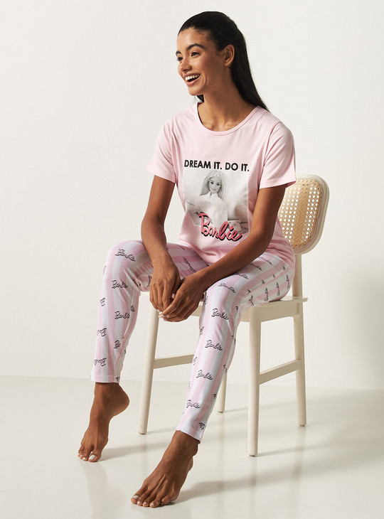 Barbie Print Round Neck T-shirt and Full Length Pyjama Set