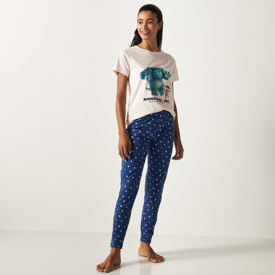 Monsters, Inc. Print Round Neck T-shirt and Full Length Pyjama Set