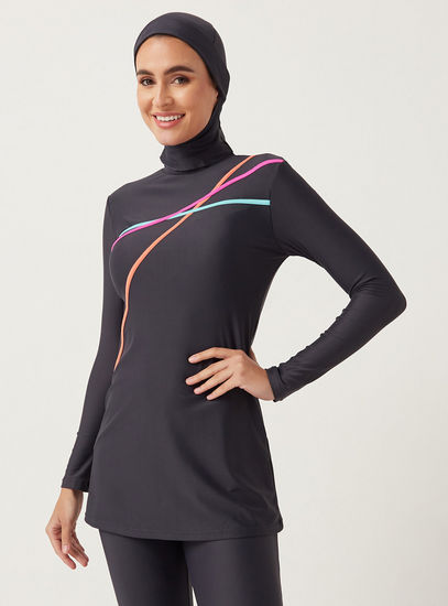 Solid Burkini with Contrast Tape Detail-Swimwear-image-1