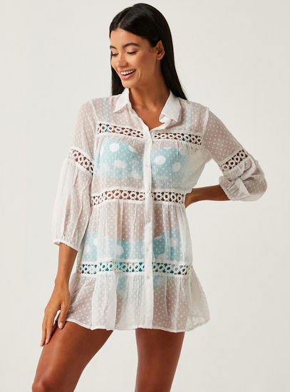 Textured Shirt Cover Up with 3/4 Sleeves and Crochet Detail