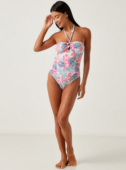 Floral Print Tube Swimsuit with Tie-Ups