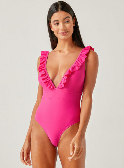 Solid Sleeveless Swimsuit with Ruffle Detail
