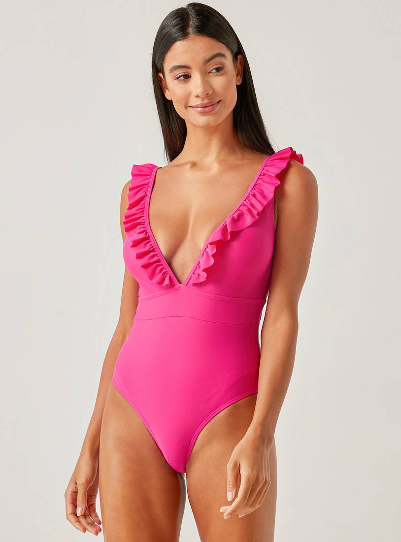 Plain Sleeveless Swimsuit with Ruffle Detail-Swimwear-image-1
