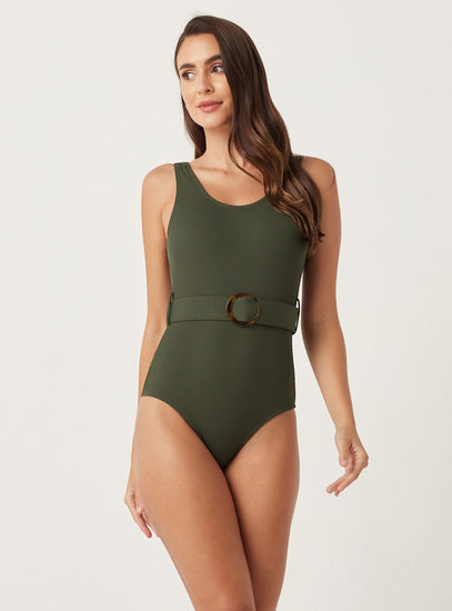 Ribbed Swimsuit with Scoop Neck and Belt