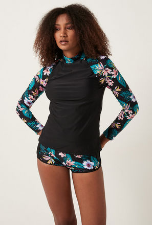 All Over Floral Print Swim Top with Long Sleeves