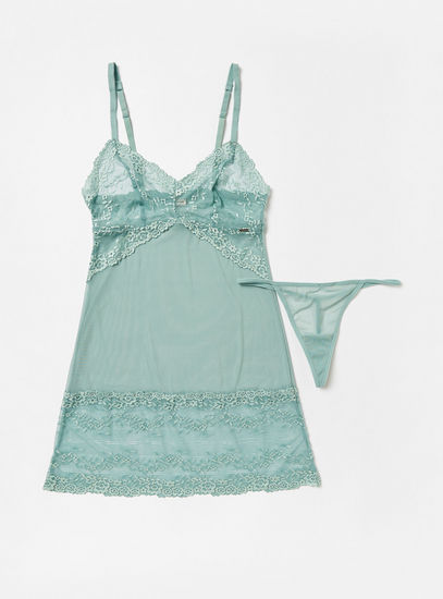 Lace Detail Non-Padded Non-Wired Babydoll with Thongs