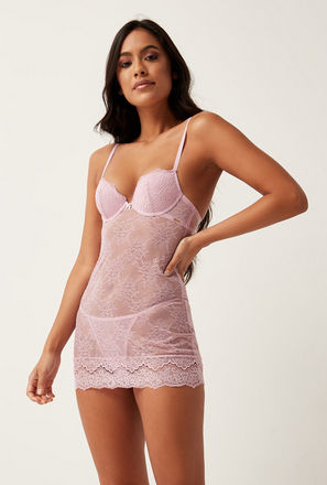 Lace Detail Padded Underwired Babydoll with Thongs