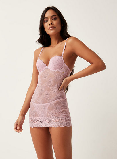 Lace Detail Padded Underwired Babydoll with Thongs