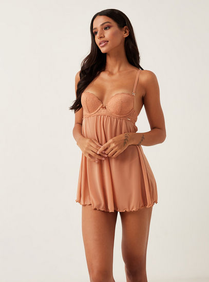 Underwired Demi Push-Up Babydoll with Lace Detail and Elasticated Thongs