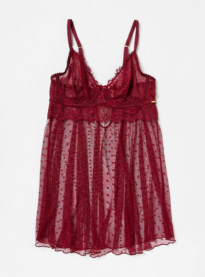 Lace and Mesh Detail Babydoll with Thongs