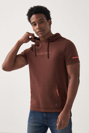 Textured Short Sleeves Sweatshirt with Hood and Pocket