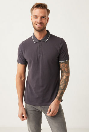Solid Polo T-shirt with Jacquard Collar and Tipping Detail