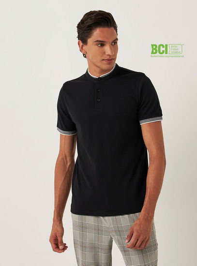 Solid BCI Cotton Polo T-shirt with Short Sleeves and Mandarin Collar-Polos-image-0