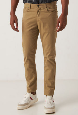 Solid Skinny Fit Mid-Rise Chinos with Pockets and Button Closure