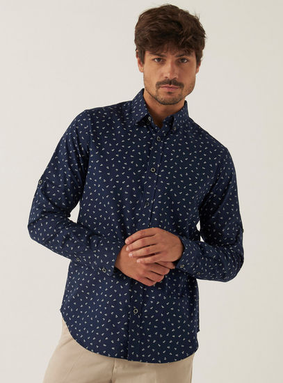 Paper Plane Print Slim Fit Shirt with Button Down Collar 