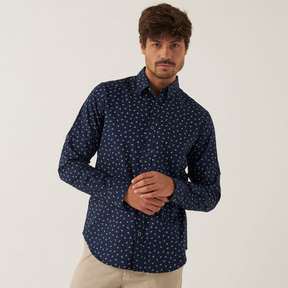 Paper Plane Print Slim Fit Shirt with Button Down Collar 