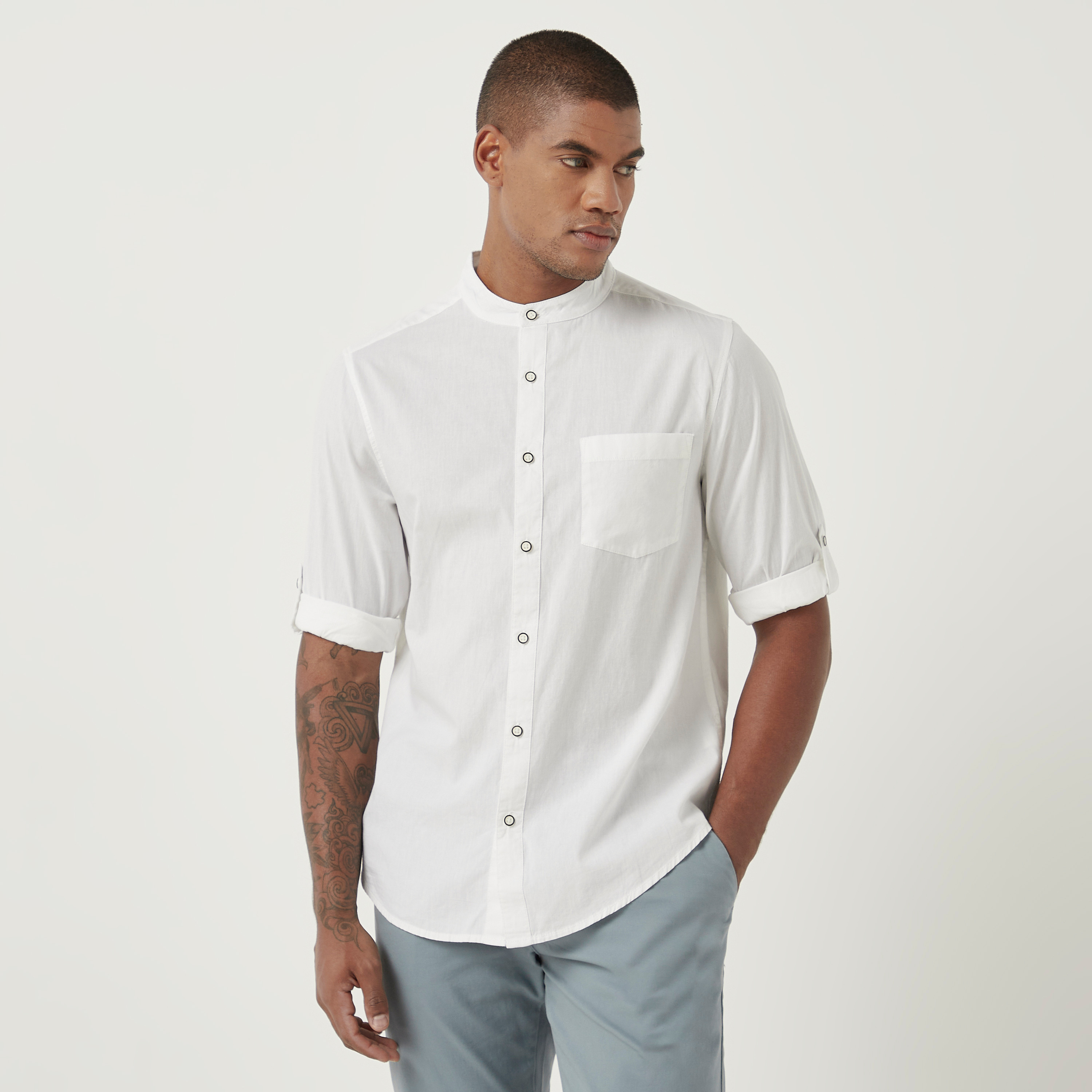 Shop Plain Mandarin Collar Shirt with Long Sleeves Online | Max Qatar