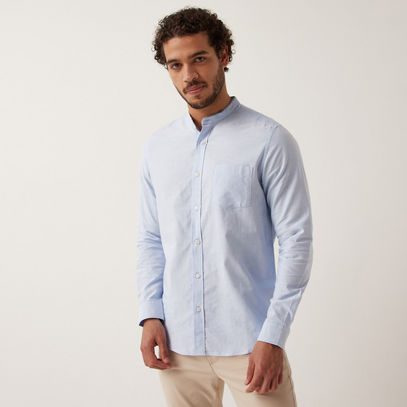 Solid Mandarin Neck Shirt with Long Sleeves and Pocket