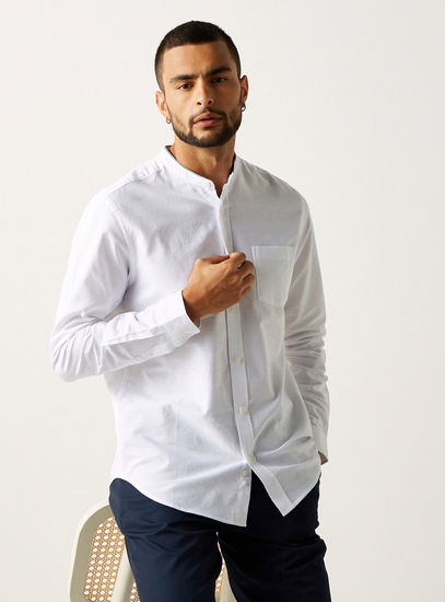 Solid Mandarin Neck Shirt with Long Sleeves and Pocket