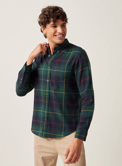 Checked Flannel Shirt with Chest Pocket and Long Sleeves-Shirts-image-0