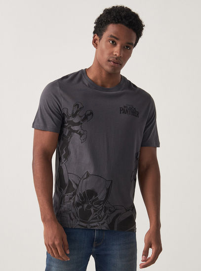 Black Panther Print Crew Neck T-shirt with Short Sleeves