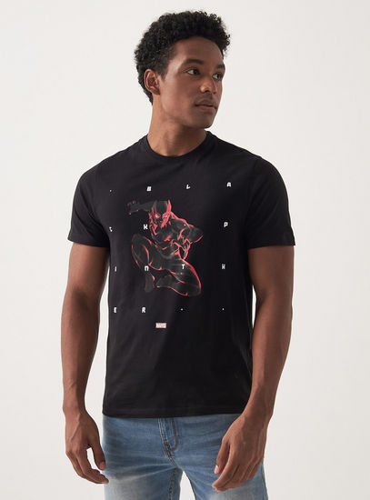 Black Panther Print Crew Neck T-shirt with Short Sleeves