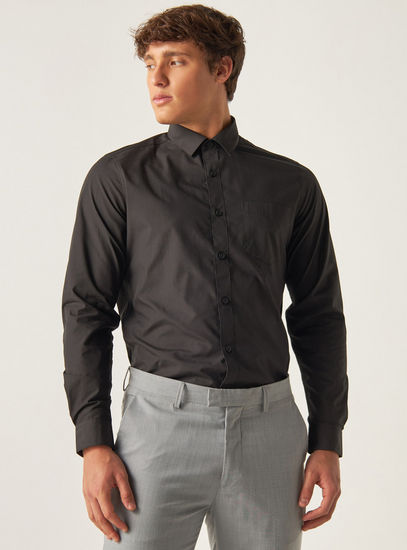 Solid Collar Shirt with Chest Pocket and Long Sleeves